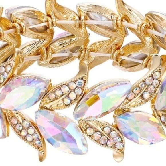 Yellow Gold and Iridescent AB Austrian Crystal Leaf Stetchable Bracelet Bangle - Picture 2 of 6